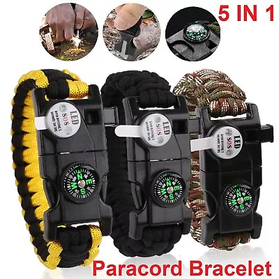 Flint Fire Starter 5in1 Survival Paracord Bracelet Whistle Compass Gear Tool Kit • $7.99