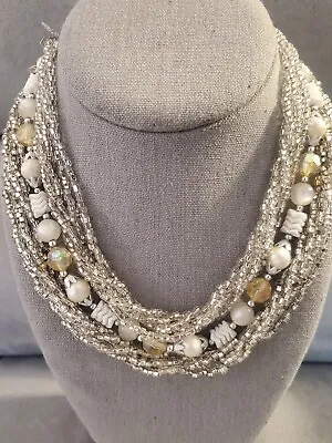 Vintage Silver & White Beaded 3 Strand Necklace Married Set Earrings • $16