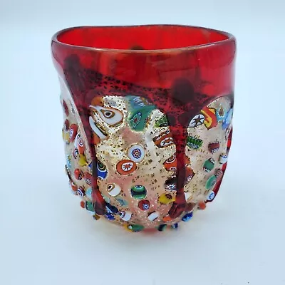 Vintage Murano Signed Italy Red Drip Glass Textured Millefiori Misshapen Cup • $100