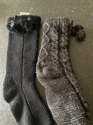 UGG Cable Knit Pom Pom Fleece Lined Crew Sock Slippers Black Mismatched • $15.99