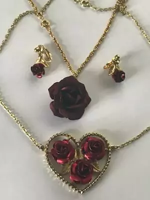 4 PCS Vintage Gold Pl. Burgundy Satin Enameled 2 Necklace & Earrings Set MMA • $35