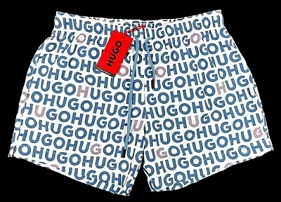 Men's HUGO BOSS White Blue + Logos Swim Trunks Swimsuit L Large NWT NEW Tortuga • $69.99