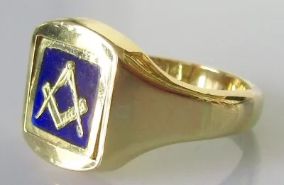 Gold Masonic Ring - Vintage 18ct Gold Blue Enamel Masonic Swivel Ring Size R • £975