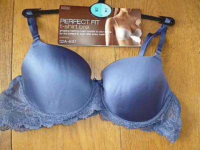 Marks & Spencers Memory Foam Tshirt Balcony Bra Mid Blue Lace Satin 38 36 A New • £12.99