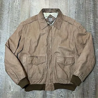 Vintage 90s Map Lined Brown Genuine Leather Zip Aviator Jacket Mens Large • $60