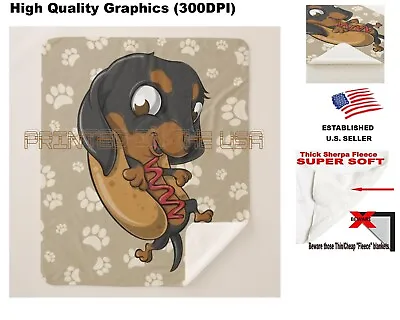 Dachshund Puppy Dog Hot Dog Weiner Cute Cartoon Sherpa Fleece Throw Blanket • $42.95