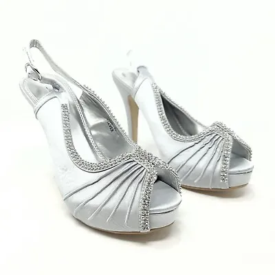 £7 • Buy Mannika Silver Stiletto Heels Slingback Party Wedding Shoes UK 5 EU 38 Diamonds