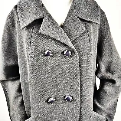 Vintage 1960s Wool Tweed Long Coat Double Breasted Gray Black Military Spy MOD • $110