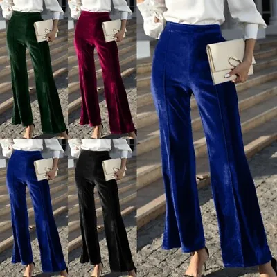 Womens Gold Velvet High Waist Trousers Ladies Solid Casual Slim Fit Flared Pants • $29.99