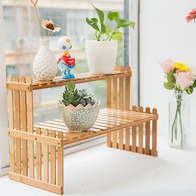 2 Tier Flower Plant Wooden Stand Pot Shelf Display Tabletop Ladder Garden Rack • £10.95