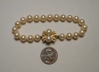 1960s Majorica 7mm Faux Pearl Hand Knotted Bracelet W Leafy G-P Clasp 7  L • $49.99