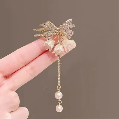 Rhinestones Lily Of The Valley Tassel Hairpin Artificial Pearls Hair Claw • £2.89