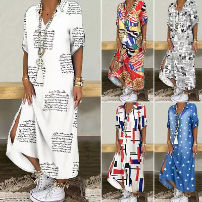 Womens Loose Bohemian V Neck Maxi Dress Ladies Casual Side Split Long Dress • $29.21