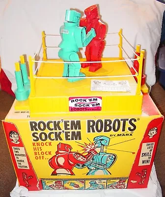 RARE VINTAGE 1960's MARX ROCK-EM SOCK'EM ROBOTS WITH BOX & ORIGINAL SCORE SHEETS • $435