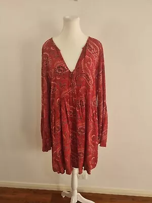 TIGERLILY Size 12 Red Paisley V Neck Long Bell Sleeve Shift Dress Bohemian • $49.95