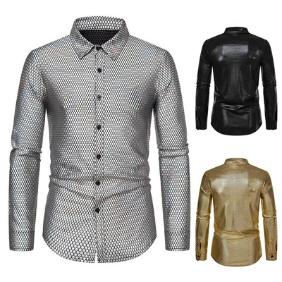 £26.92 • Buy Man Wedding Shirt Shirts Golden High Lapel Sequin Long Men Printed Quality S-2XL