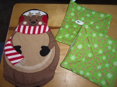 2 Christmas Candy Cane Potholders And 1 Reindeer Oven Mitt Holiday • $5.99