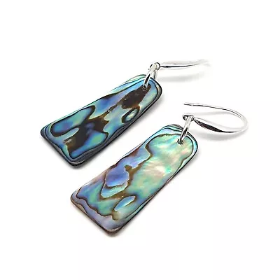 Rainbow Paua Shell Earrings Dangle Drop Natural Abalone Sterling Silver Hooks • £15.98