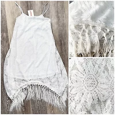 Moon Sz S White Floral Lace Asymmetrical Fringed Slip Dress Cover Up NWT NEW • $65.79