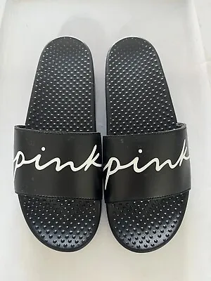 New Victoria's Secret PINK Slides (S) Black White Script Logo Free Shipping • $21.84