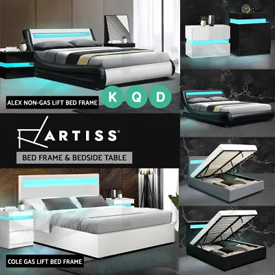 $72.95 • Buy Artiss Bed Frame RGB LED Bedside Tables Double Queen King Size Gas Lift Storage