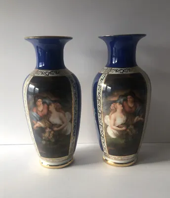 Victoria Czechoslovakia Pair Of Double Sided Blue Gold Mother Daughter Vases • $124.99