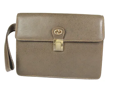 GUCCI Vintage GG Logo Leather Dark Browns Clutch Bag GP3290 • $143.20