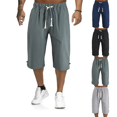 Mens 3/4 Long Length Shorts Elastic Waist Linen Baggy Combat Three Quarter Pants • $18.92
