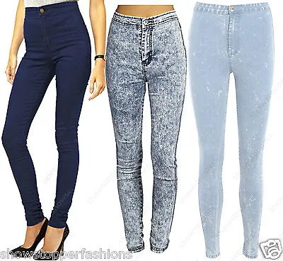 HIGH WAISTED TUBE JEANS Womens STRETCH BLUE DENIM SKINNY FIT DISCO PANT 6 To 14 • £12.95