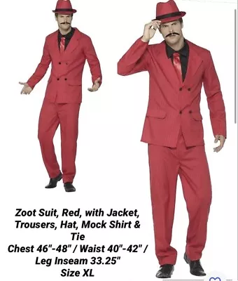 Zoot Suit Red Gangster 1920 Jacket Trouser Hat Mock Shirt Tie Men Fancy Dress XL • £20