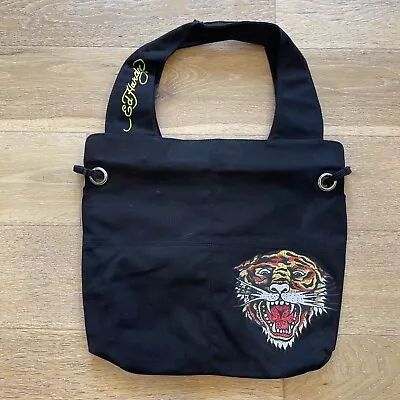 Ed Hardy Tiger Gemstone Over The Shoulder Bag Black Tote Canvas Purse Carry-All • $29.99