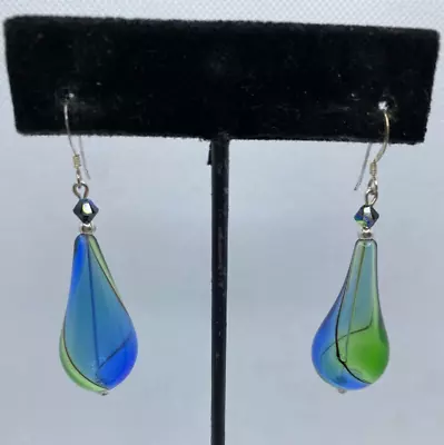 Vintage Venetian Blown Glass Teardrop Earrings Blue Green Sterling Silver Hooks • $31.50