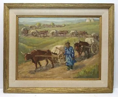 LISTED BORIS VASSILOFF Sd ORIG O/B MONGOLIAN OXEN CARTS FIGURES In LANDSCAPE • $999.99