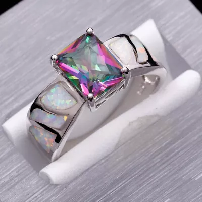 7x9 Rainbow Mystic Topaz White Fire Opal Silver Jewelry Ring Size 7 8 9 10 • $4.99