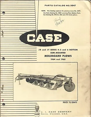 Case JR & JT Series Semi-Mounted Moldboard Plow Parts Book 4 - 6 Bottom 1964 -65 • $12