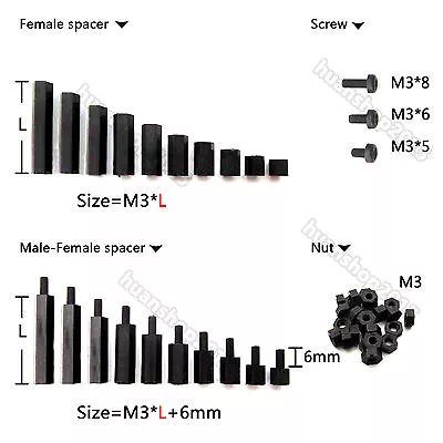 M3 Black Color Nylon Hex Column Male 6mm X M3 Female Spacer Standoff Screw Nut • $4.49