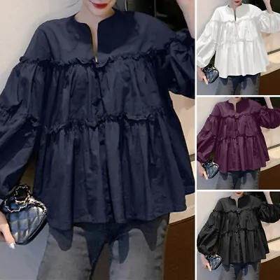 Womens Long Sleeve V Neck Tops Ruffled Tiered Peplum Blouse Cocktail Party Shirt • £18.84