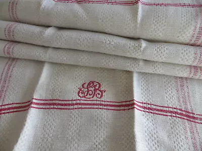 Long Towel Handwoven Structured  Linen Red Stripes Monogram  SB Antique German • $17.50