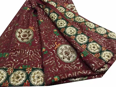 Om Vintage Indian Sari Art Silk Embroidered Beaded Fabric Brown Saree Y11631 • $35.19