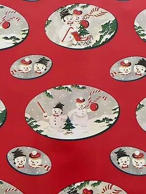 Vtg Christmas Wrapping Paper Gift Wrap Cute Snowmen On Red So Pretty • $7.46