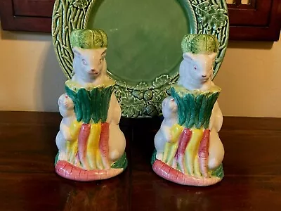 PAIR 8.5  Tall Majolica Bunny Rabbit PorcelaIn Candlestick Holders~Hand Painted  • $29.99