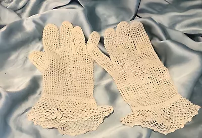 Vintage Gloves Crochet Open Knit Cotton Cream Ivory  Small • $21.99