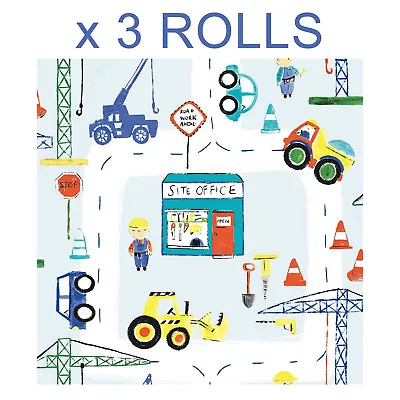 Trucks Diggers Wallpaper Road Works Crane Cars Childrens Bedroom X 3 Rolls • £39.99