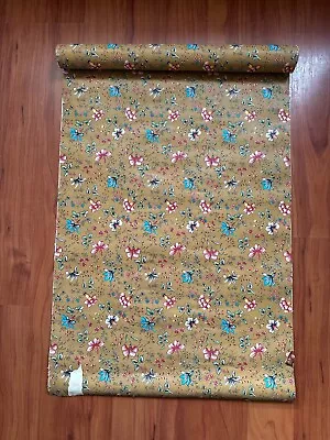 Vintage Floral Wallpaper Blue Pink Red Flowers Gold Background Circa 1970s • £7.99