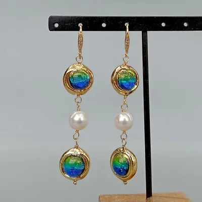 Freshwater Cultured White Keshi Pearl Blue Murano Glass DangleHook Earrings • $18