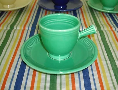 Vintage Fiesta GREEN Demitasse Stick Handle Cup  + Saucer ~ FLAT BOTTOM • $29.99