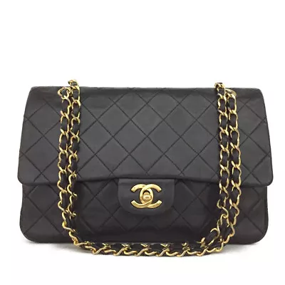 CHANEL Double Flap 25 Quilted CC Logo Lambskin W/Chain Shoulder Bag Black/4W0465 • $500