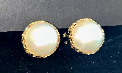 14K Gold Very Large Mabe Real Pearl Caboshon  Earrings Omega Back 15mm X 10mm • $170