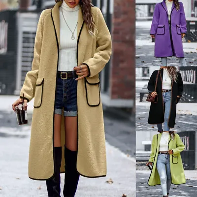 Womens Fall/Winter Lapel Solid CardiganLambswool Contrast Pocket Long Jacket • $32.18