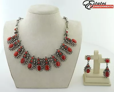 Vintage T. Foree Hunsick Coral Sterling Silver Necklace And Earrings • $1295